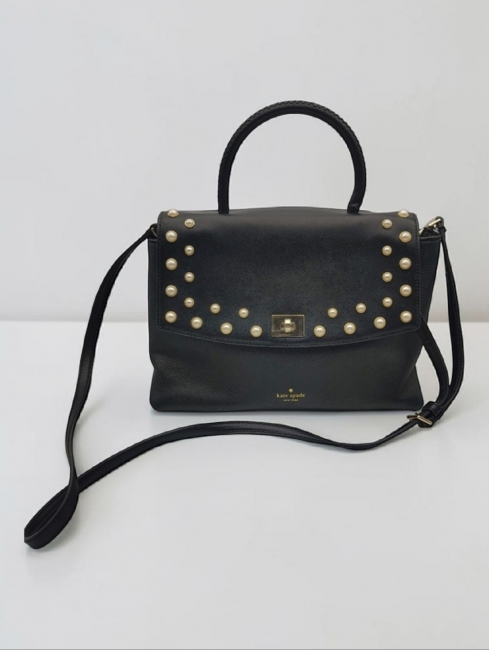 Kate Spade Pearl-Stud Embellished Leather Shoulder/Crossbody Bag In Black